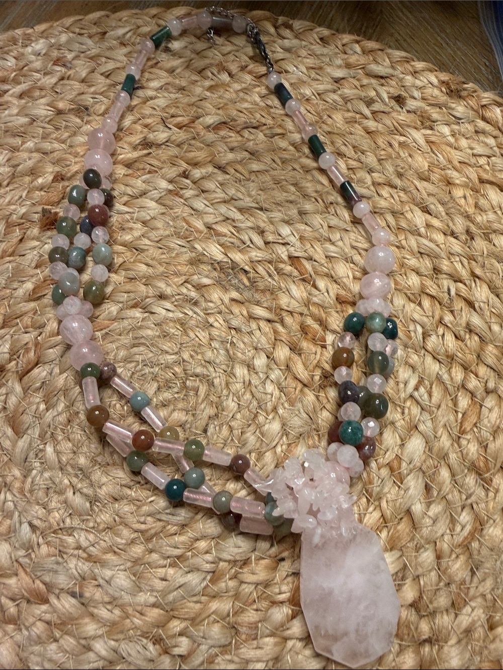 Multicolor Semi-Precious Beaded Necklace with Pink Rose Quartz Pendant